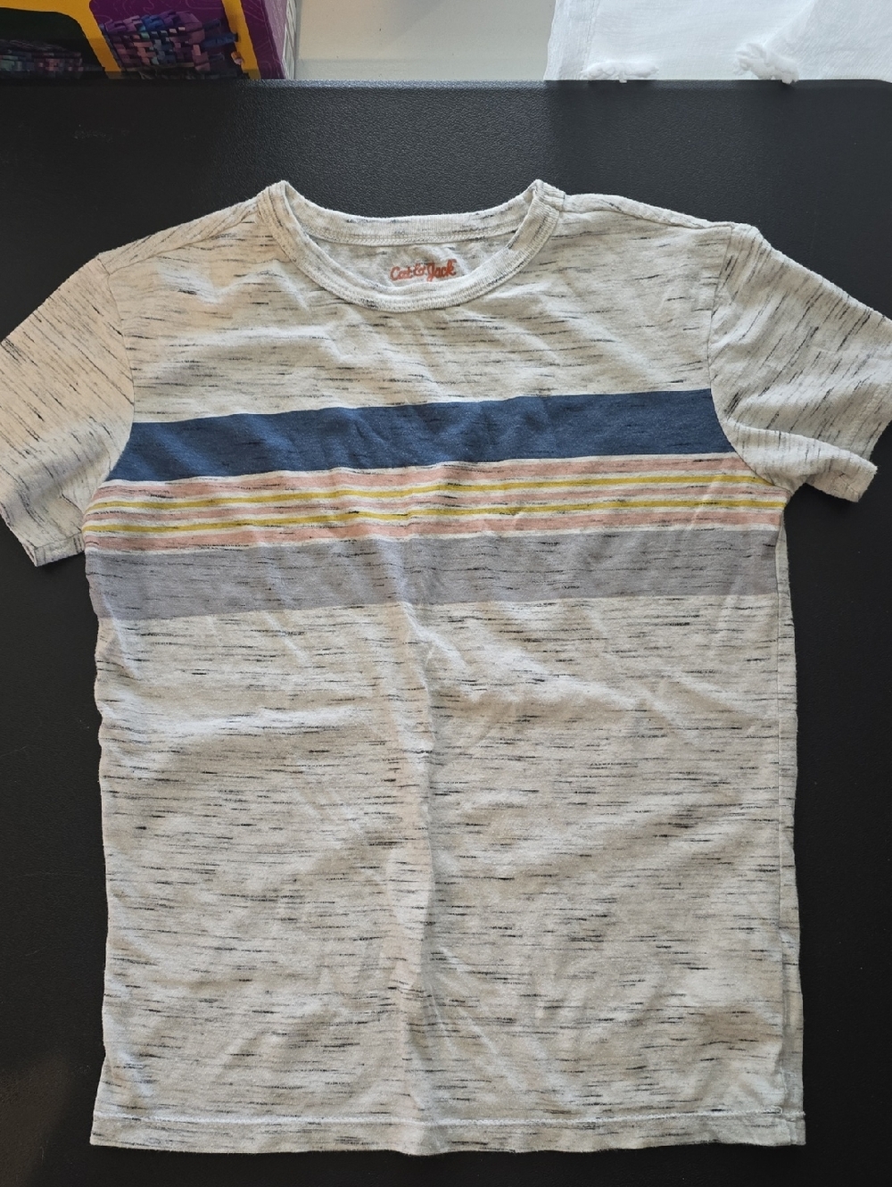 Cat & Jack Heathered Gray Tee with Navy and Multicolor Stripes